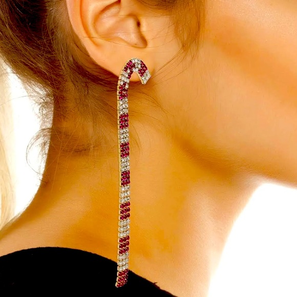 New Betsey Johnson BETSEYS HOLIDAY CANDY CANE LINEAR EARRINGS RED - Picture 3 of 11